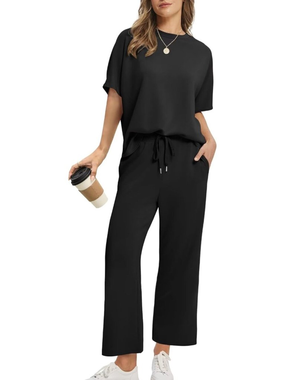 Women's Black Two Piece Summer Outfits Oversized Wide Leg Crop Pants Lounge Set
